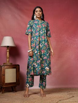 MEENA BAZAAR - Floral Printed Green Cotton Co-Ords