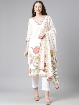 NEERU'S - Off White Printed Straight Kurta with Pant and Dupatta