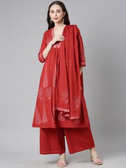 NEERU'S - Red Printed Anarkali Kurta with Pant and Dupatta