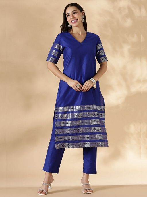 Abhishti Blue Brocade Detail Straight Kurta with Pant