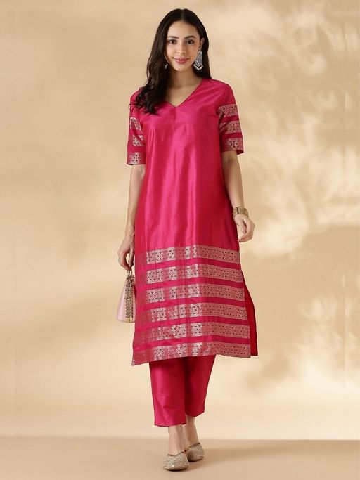 Abhishti Pink Brocade Detail Straight Kurta with Pant