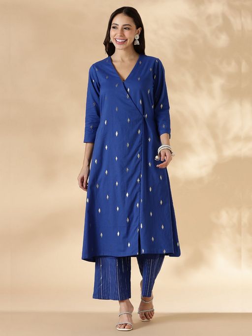 Abhishti Blue Overlap Lurex Angarkha Kurta with Pant