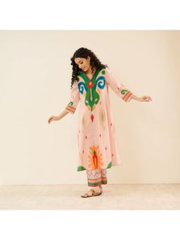 Rustorange - Loom Light Slub Cotton Ikat Inspired Peach Kurta with Pant
