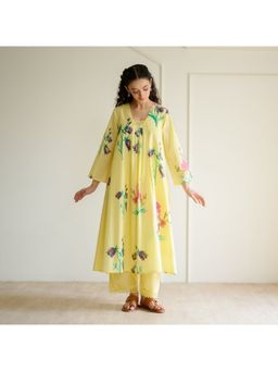 Rustorange - Liliet Cotton Kurta Set with Mulmul Slip Banana Yellow Kurta with Pant