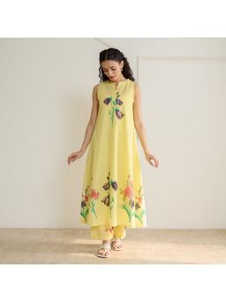 Rustorange - Aviva Patchwork Cotton Mulmul Slip Banana Yellow Kurta with Pant