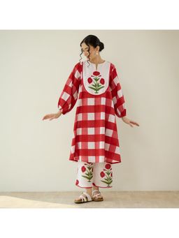 Rustorange - Old School Slub Cotton Red Kurta with Pant