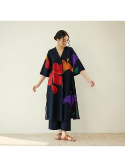 Rustorange - Hibiscus Slub Cotton Black Kurta with Pant