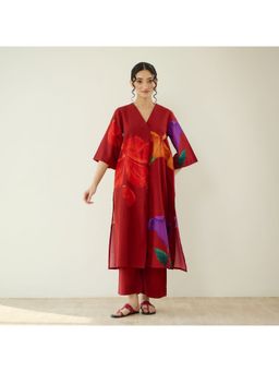 Rustorange - Hibiscus Slub Cotton Cherry Red Kurta with Pant