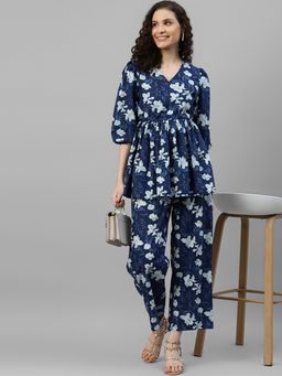Deebaco - Navy Blue Floral Peplum Pure Cotton Women Co-Ord