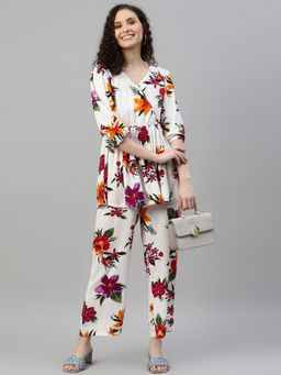 Deebaco - White Floral Peplum Pure Rayon Women Co-Ord