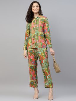 Deebaco - Green Abstract Printed Pure Rayon Women Shirt with Pant Co-Ord