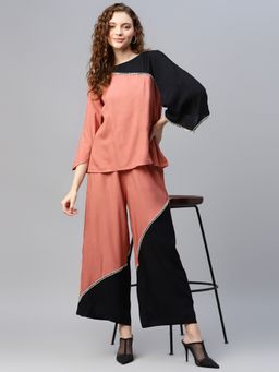 Deebaco - Powder Multi Color Colour Blocked Pure Rayon Women Top with Palazzo Co-Ord