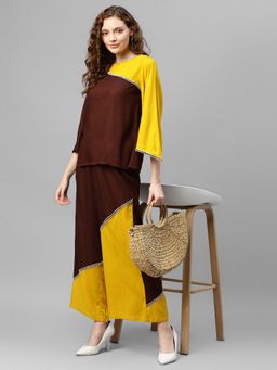 Deebaco - Brown Colour Blocked Pure Rayon Women Top with Palazzo Co-Ord
