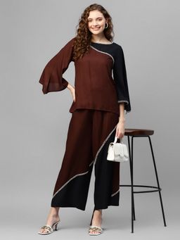 Deebaco - Brown Blocked Pure Rayon Women Top with Palazzo Co-Ord