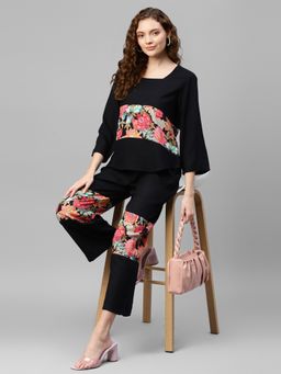 Deebaco - Solid Black Floral Print Pure Rayon Women Co-Ord