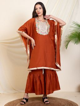 Deebaco - Tan Brown Embroidered Neck Women Kaftan with Sharara