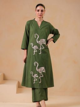 KAFTANIZE - Green Flamingo Bird Embroidered Kurta with Pant