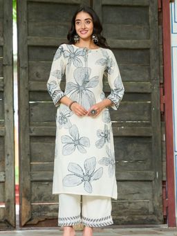 KAFTANIZE - Grey Bold Flower Printed Embellished and Embroidered Kurta with Pant