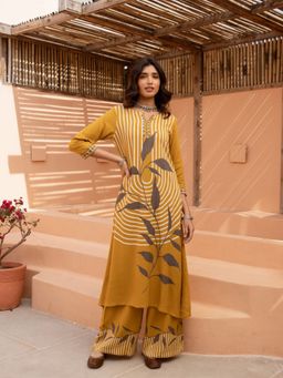KAFTANIZE - Yellow Prominent Vertical Stripe with Leaf Print Kurta with Palazzo