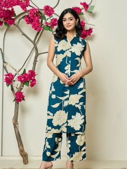 KAFTANIZE - Teal Green with Beige Abstract Bold Floral Printed Co-Ords