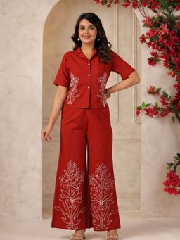 KAFTANIZE - Red with White Floral Embroidery Co-Ord