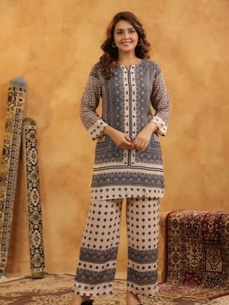 KAFTANIZE - Black and Beige Printed with Mirror Work Co-Ord