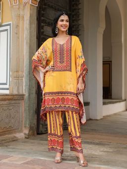 KAFTANIZE - Mustard Color Beads and Mirrorwork Embroidered Kaftan Kurta with Pant