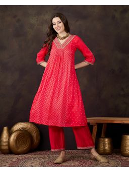 KVS FAB - Women Embroidered Silk Blend Red Kurta with Pant