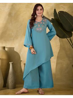 KVS FAB - Women Embroidered Silk Blend Blue Kurta with Palazzo