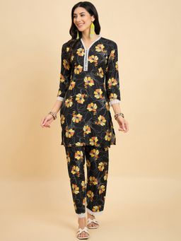 KVS FAB - Women Floral Cotton Blend Black Kurta with Pant