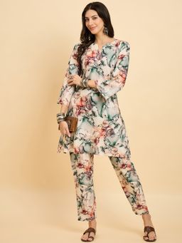 KVS FAB - Women Abstract Cotton Blend Beige Kurta with Pant