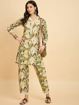 KVS FAB - Women Floral Cotton Blend Olive Kurta with Pant