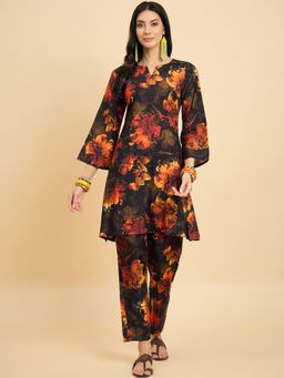 KVS FAB - Women Floral Cotton Blend Black Kurta with Pant