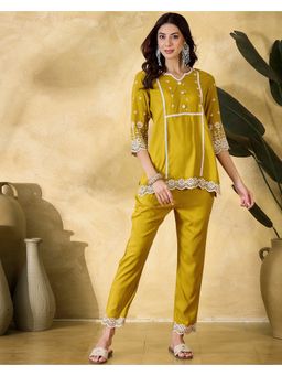 KVS FAB - Women Embroidered Viscose Rayon Yellow Kurta with Pant