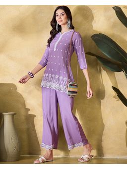KVS FAB - Women Embroidered Viscose Rayon Lavender Kurta with Pant