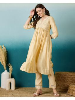 KVS FAB - Women Embroidered Silk Blended Yellow Kurta with Pant