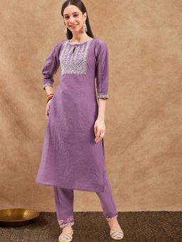 KVS FAB - Women Embroidered Cotton Blended Purple Kurta with Pant