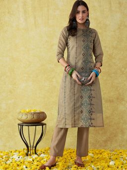 KVS FAB - Women Embroidered Chanderi Silk Beige Kurta with Pant