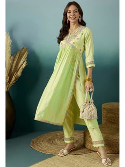 KVS FAB - Women Embroidered Cotton Blend Yellow Kurta with Pant