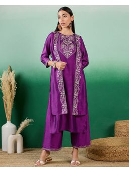 KVS FAB - Women Embroidered Silk Blend Purple Kurta with Palazzo