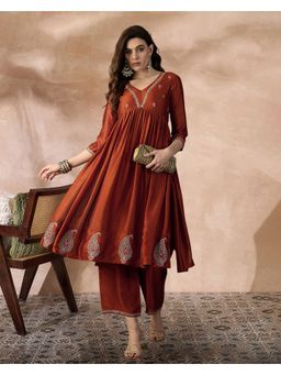 KVS FAB - Women Embroidered Silk Blend Rust Kurta with Pant