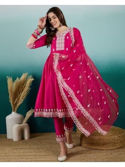 KVS FAB - Women Embroidered Silk Blend Pink Kurta with Pant and Dupatta