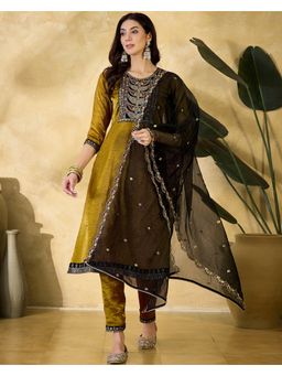 KVS FAB - Women Embroidered Satin Mustard Kurta with Pant and Dupatta