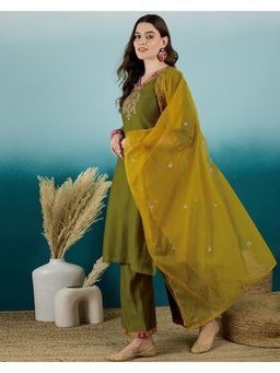 KVS FAB - Women Embroidered Silk Blend Olive Kurta with Pant and Dupatta