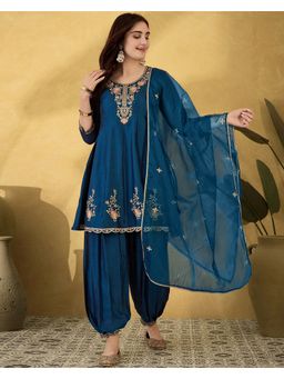 KVS FAB - Women Embroidered Silk Blend Teal Kurta with Salwar and Dupatta