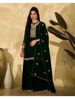 KVS FAB - Women Embroidered Georgette Green Kurta with Sharara and Dupatta