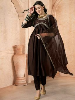 KVS FAB - Women Embroidered Silk Blend Brown Kurta with Pant and Dupatta