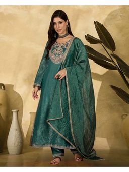 KVS FAB - Women Embroidered Silk Blend Green Kurta with Pant and Dupatta