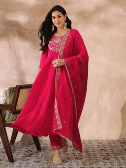 KVS FAB - Magenta Women Embroidered Silk Blend Kurta with Pant and Dupatta