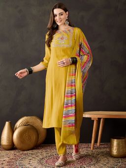 KVS FAB - Women Embroidered Silk Blend Mustard Kurta with Pant and Dupatta